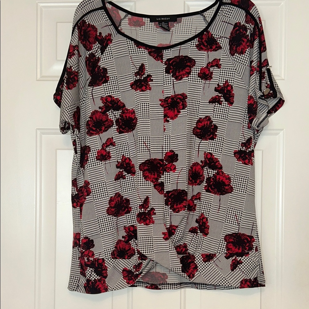 Liz McCoy Floral SS Top/Blouse Women's XL Red/Gray/Black Career Lagenlook
